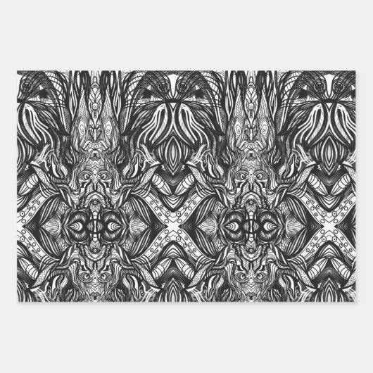 モノクロのインク画 ラッピングペーパーシート (正面)