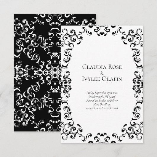モノクロのウェディング スワール 招待状 (正面/裏面)
