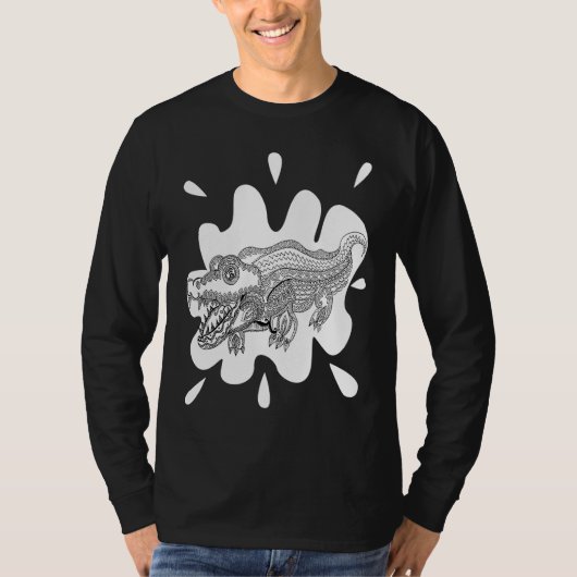 モノクロのエキゾチックなクロコダイル柄アート Tシャツ (正面)