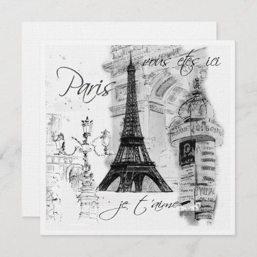 モノクロのエッフェル塔の風景 招待状 (正面/裏面)