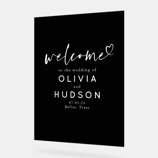 モノクロのエレガントでミニマルなウェディングウェルカム アクリルサイン (傾斜)