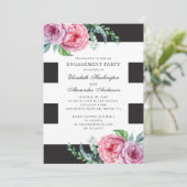 モノクロのエンゲージメントパーティー。ピンクのボヘミアンフラワーデザイン 招待状 (スタンド正面)