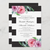 モノクロのエンゲージメントパーティー。ピンクのボヘミアンフラワーデザイン 招待状 (正面/裏面)