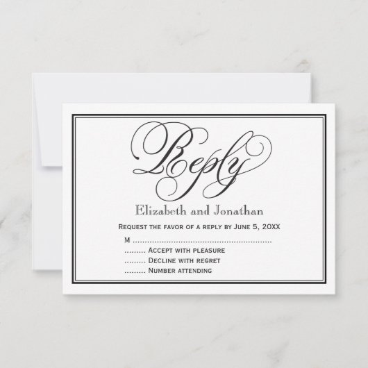 モノクロのカリグラフィー結婚式返信カード 出欠カード (正面)