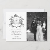 モノクロのクラシカルな花の紋章の結婚式の写真 サンキューカード (正面)