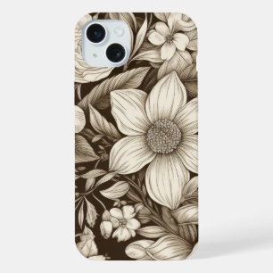モノクロのクラシカルフラワー ビンテージ風 iPhone 15 PLUSケース
