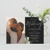 モノクロのグリーンウェディングQRコード写真 招待状 (スタンド正面)