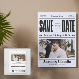 モノクロのシンプルな新聞風の結婚式の招待状(Save the Date) セーブザデート