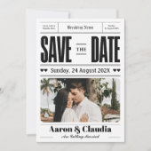モノクロのシンプルな新聞風の結婚式の招待状(Save the Date) セーブザデート (正面)