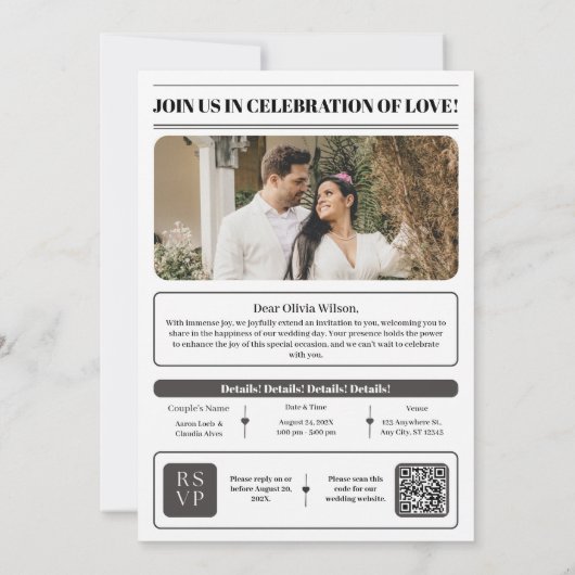 モノクロのシンプルな新聞風の結婚式の招待状(Save the Date) セーブザデート (裏面)