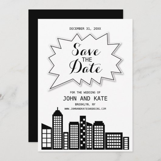 モノクロのスカイライン - 結婚式の日程を保存 招待状 (正面/裏面)