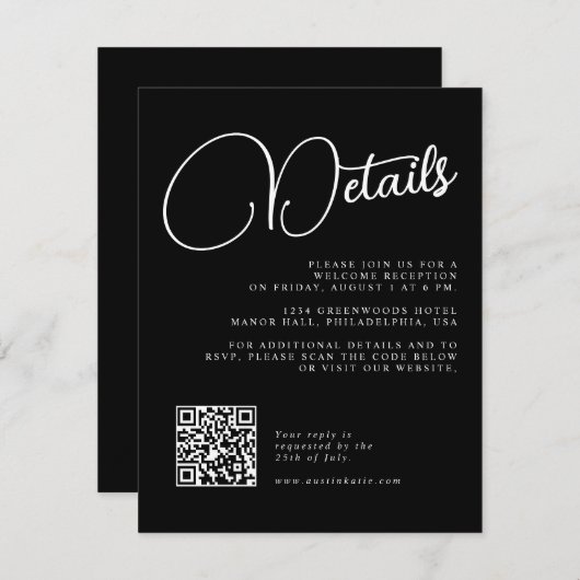 モノクロのスクリプトスタイルの結婚式詳細返信カード 招待状 (正面/裏面)