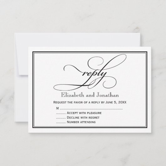 モノクロのスクリプト結婚式返信カード 出欠カード (正面)