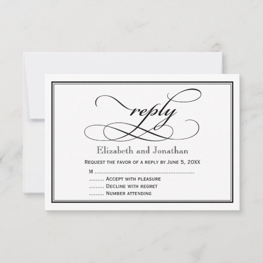 モノクロのスクリプト結婚式返信カード 出欠カード (正面)