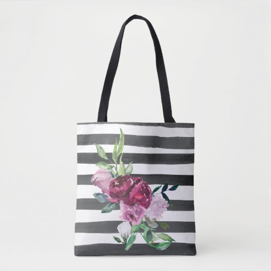 モノクロのストライプの花柄 トートバッグ (正面)