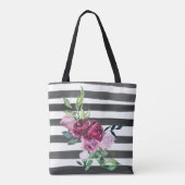 モノクロのストライプの花柄 トートバッグ (裏面)