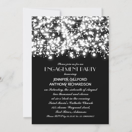 モノクロのストリングライトのエンゲージメントパーティー 招待状 (正面)