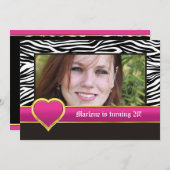 モノクロのゼブラ & ハート 20歳の誕生日写真 招待状 (正面/裏面)