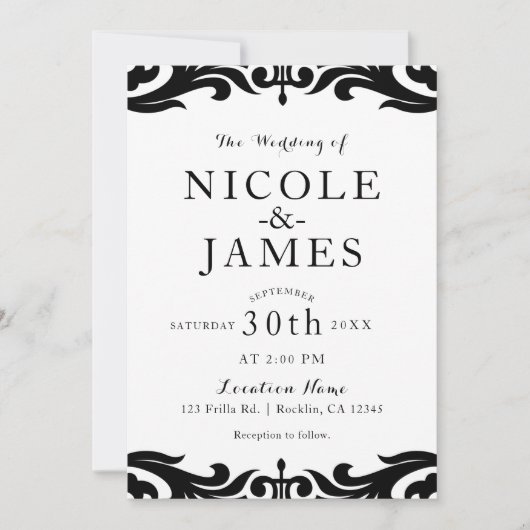 モノクロのダマスク柄 シックでエレガントなミニマルウェディング 招待状 (正面)
