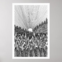 モノクロのトウモロコシ畑の日の出の細密画アート ポスター