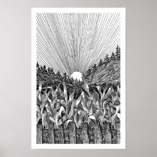 モノクロのトウモロコシ畑の日の出の細密画アート ポスター