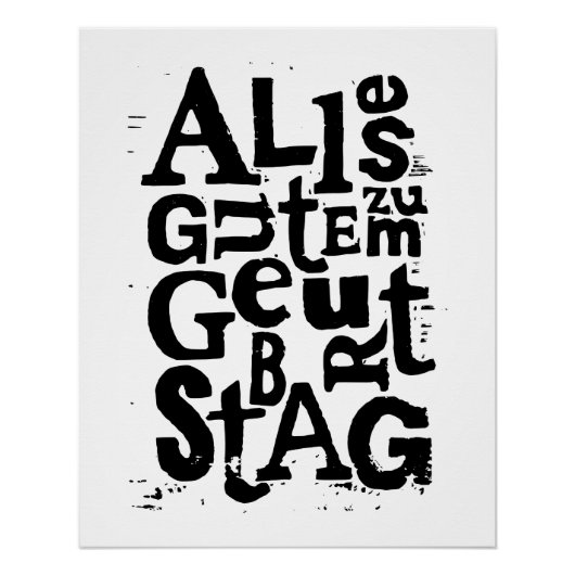 モノクロのドイツ語「お誕生日おめでとう」リノカット ポスター (正面)