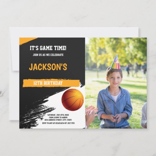 モノクロのバスケットボール招待状(写真あり) 招待状 (正面)