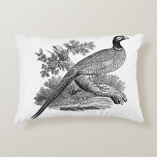 モノクロのビンテージキジ狩猟鳥のイラスト アクセントクッション (正面)