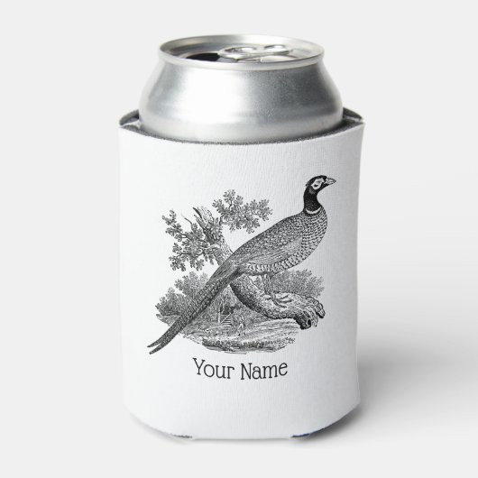 モノクロのビンテージキジ狩猟鳥のイラスト 缶クーラー (缶正面)