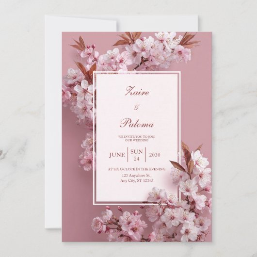 モノクロのピンクの桜の結婚式 招待状 (正面)