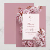 モノクロのピンクの桜の結婚式 招待状 (正面/裏面)