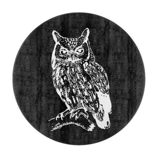 モノクロのフクロウアート カッティングボード (正面)