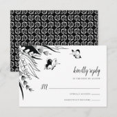 モノクロのペンとインクの蝶と植物 出欠カード (正面/裏面)