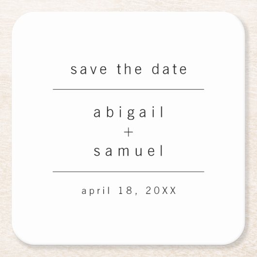 モノクロのミニマリストSave the Date スクエアペーパーコースター (正面)