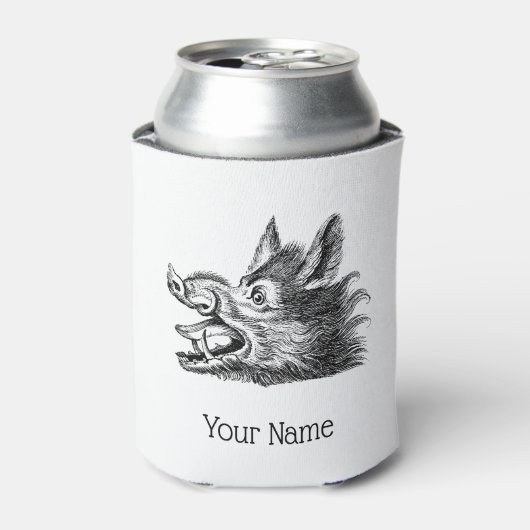 モノクロのヴィンテージな猪の頭部イラスト 缶クーラー (缶正面)