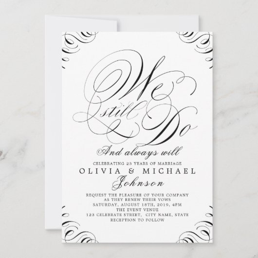モノクロのヴィンテージカリグラフィー「私たちはまだ愛を誓う」 招待状 (正面)