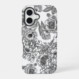 モノクロのヴィンテージ風フラワーラインアートiPhoneケース iPhone 16ケース