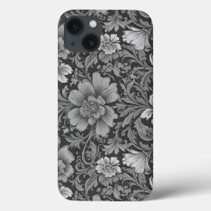 モノクロのヴィンテージ フローラル柄  iPhone 13ケース