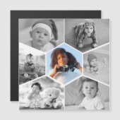 モノクロの六角形写真コラージュ マグネット招待状 (正面/裏面)