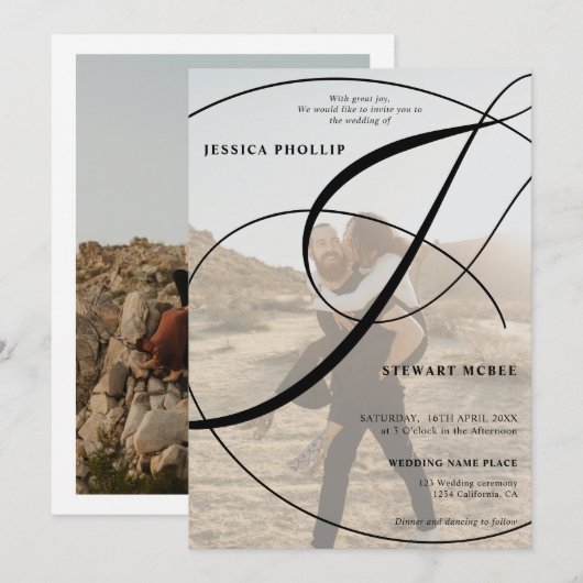 モノクロの写真とカリグラフィーがおしゃれな結婚式 招待状 (正面/裏面)