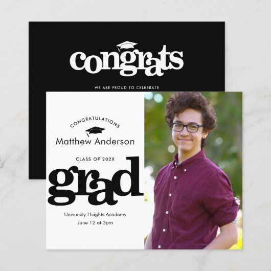 モノクロの卒業式招待状（予算内で撮影した写真付き） (正面/裏面)