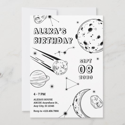 モノクロの占星術の月のお誕生日 招待状 (正面)