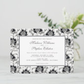 モノクロの手描き花柄 - 結婚式 招待状 (スタンド正面)