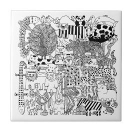モノクロの手描き野生動物アート タイル