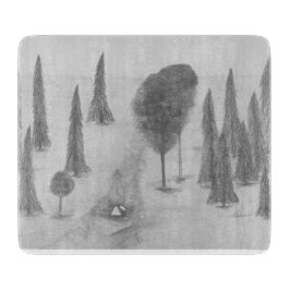 モノクロの木々 の鉛筆画 ファインアート カッティングボード