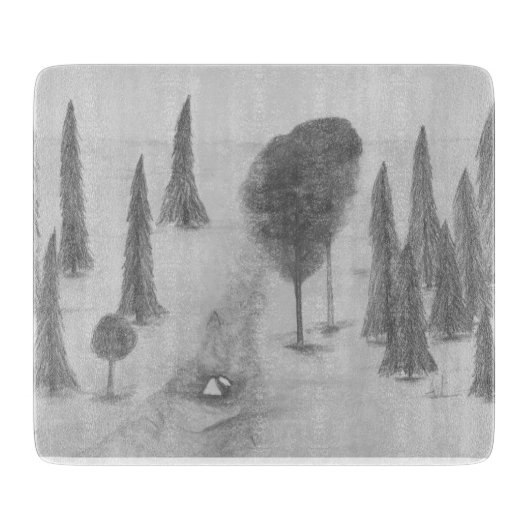 モノクロの木々 の鉛筆画 ファインアート カッティングボード (正面)
