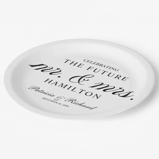 モノクロの未来のミスター&ミセスのエンゲージメントパーティ ペーパープレート (アングル)