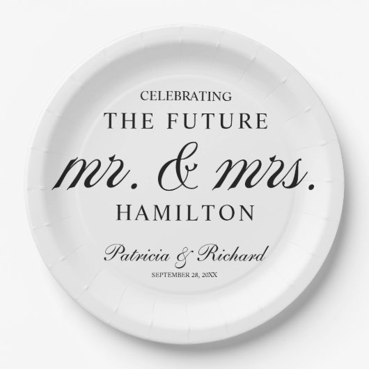 モノクロの未来のミスター&ミセス婚約パーティー ペーパープレート (正面)