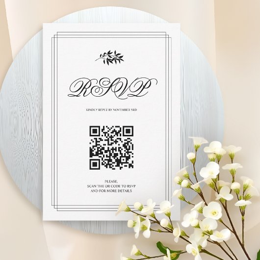 モノクロの枝とQRコードのエレガントな結婚式 出欠カード