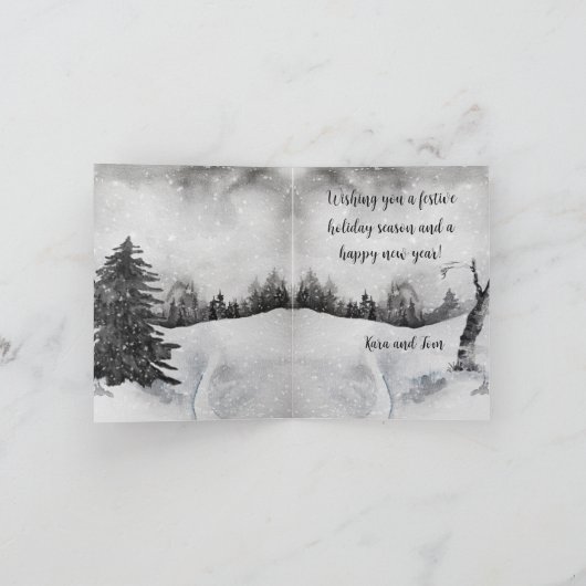 モノクロの森の動物が雪の下で集まる シーズンカード (内部)